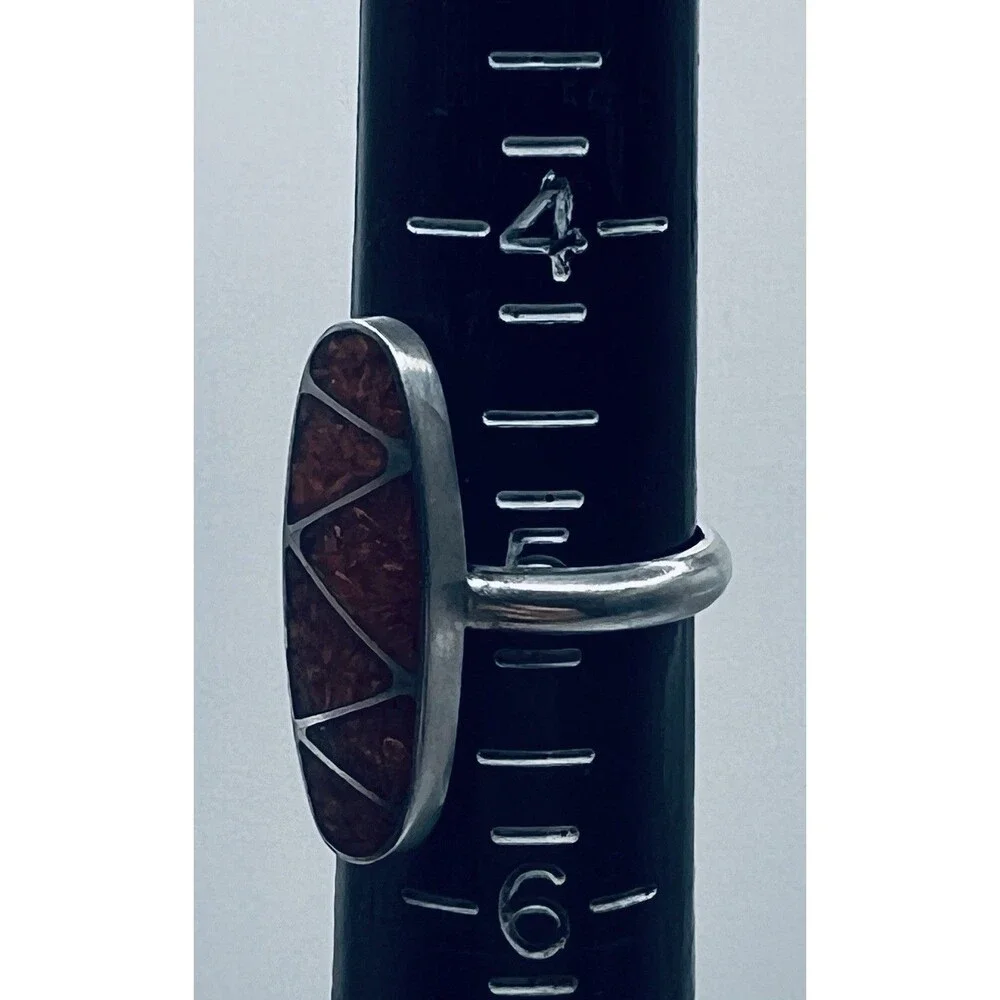 Sterling Silver Vintage Native Coral Inlay Ring Size 5, 4 Grams Total Weight